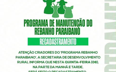 Recadastramento do Programa Rebanho Paraibano nesta quinta-feira (08)