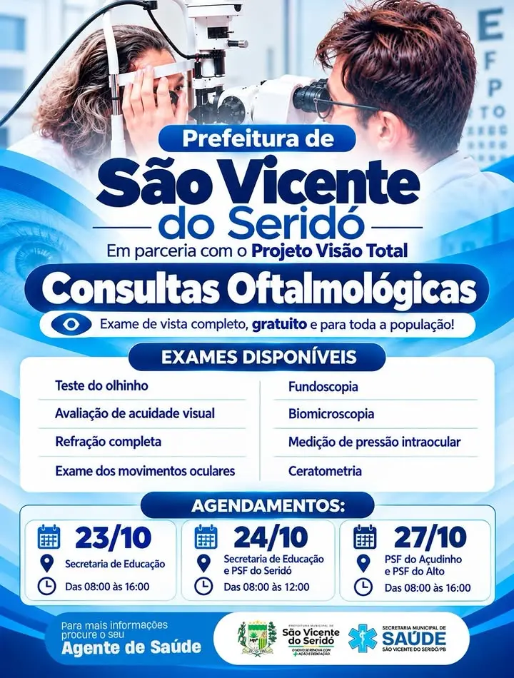 Prefeitura de São Vicente do Seridó oferece consultas oftalmológicas gratuitas