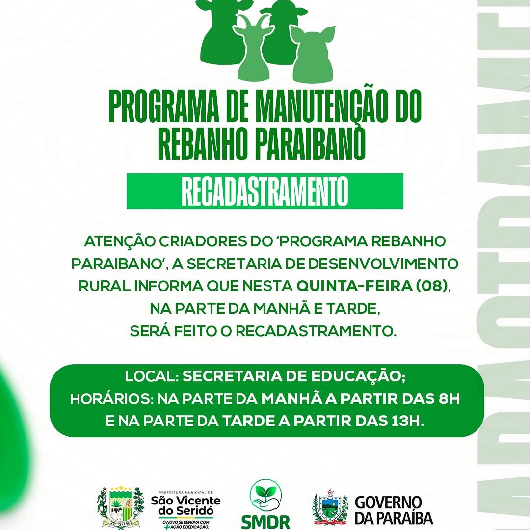 Recadastramento do Programa Rebanho Paraibano nesta quinta-feira (08)