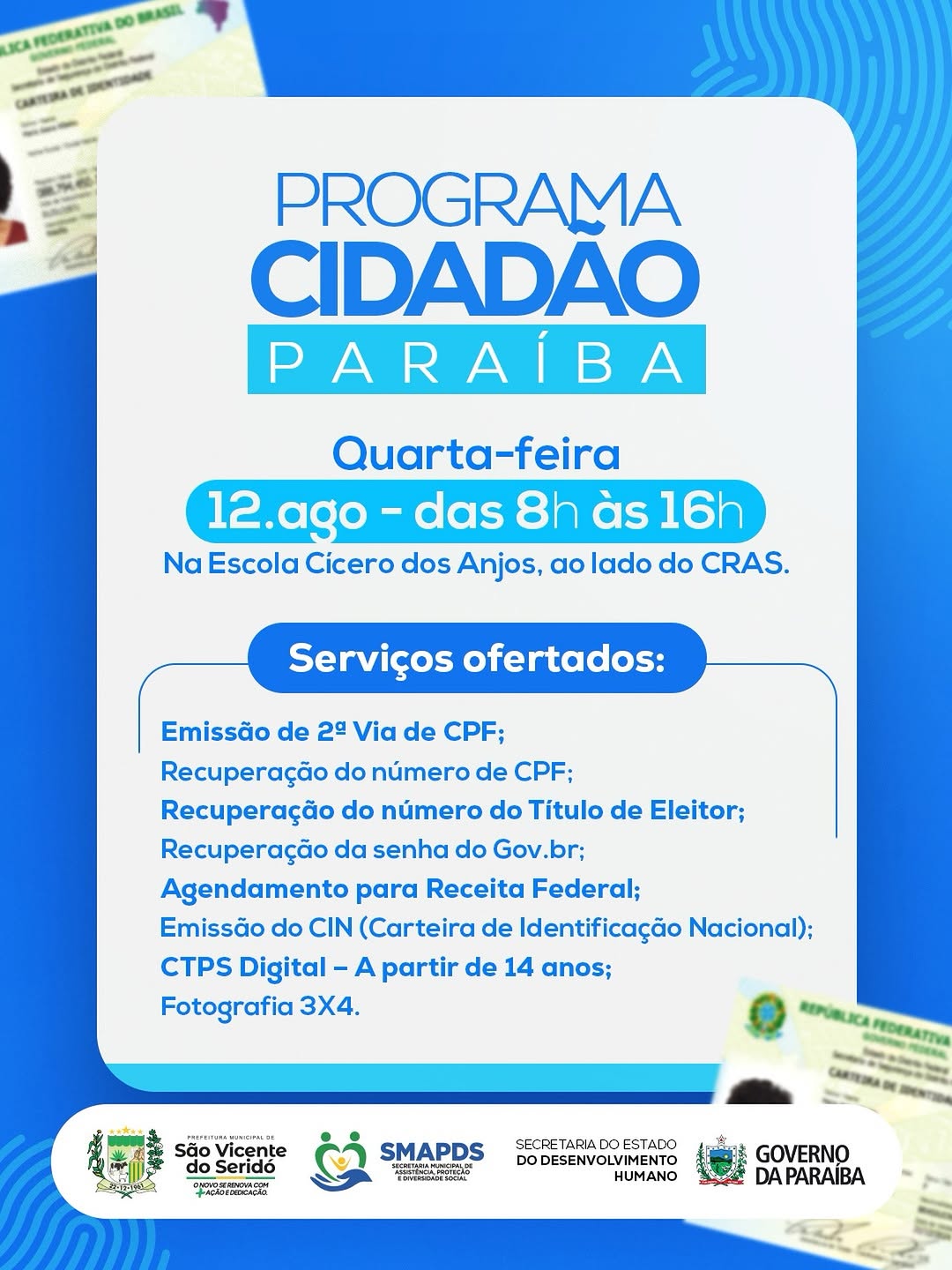 Cidadão Paraíba oferece serviços gratuitos na Escola Cícero dos Anjos